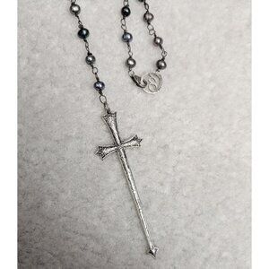 Handmade Sword Cross Rosary Necklace with Freshwater Pearls and Sterling Silver
